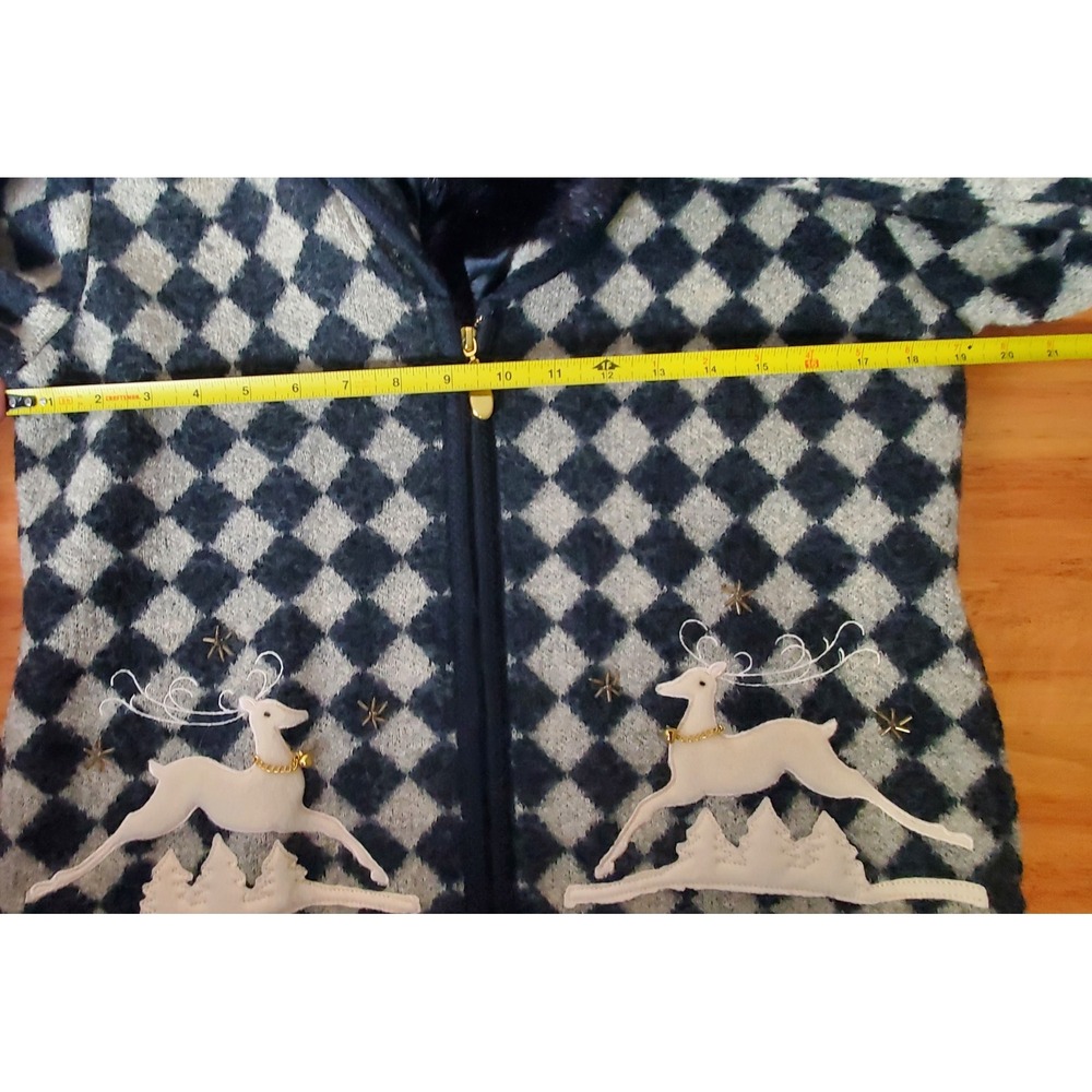 Vintage Lisa Boiled Wool Diamond Reindeer Fur Collar Medium Christmas Sweater - Picture 5 of 11